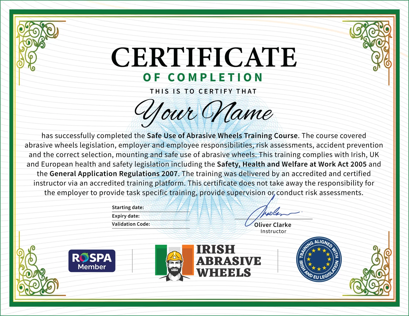Official Abrasive Wheels Certificate: QQI accredited Abrasive Wheels Cert from Irish Abrasive Wheels Dublin Ireland, Instant Download
